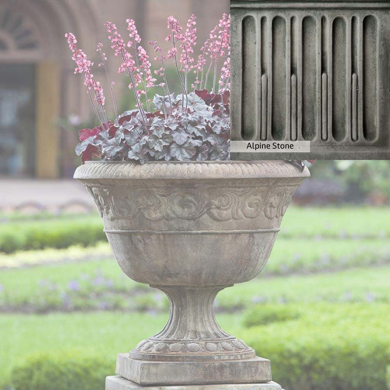 Alpine Stone Patina for the Campania International Smithsonian Foliated Scroll Urn, a medium gray with a bit of green to define the details.