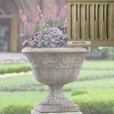 English Moss Patina for the Campania International Smithsonian Foliated Scroll Urn, green blended into a soft pallet with a light undertone of gray.