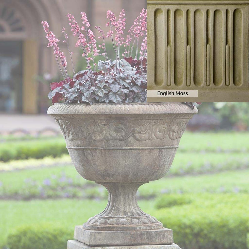English Moss Patina for the Campania International Smithsonian Foliated Scroll Urn, green blended into a soft pallet with a light undertone of gray.