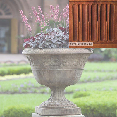 Ferro Rustico Nuovo Patina for the Campania International Smithsonian Foliated Scroll Urn, red and orange blended in this striking color for the garden.