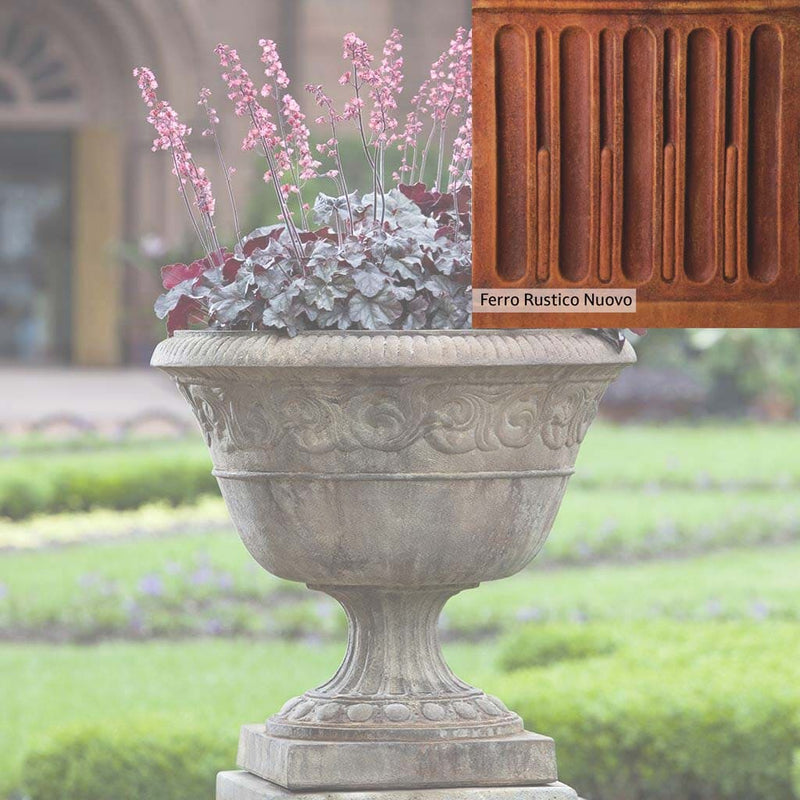 Ferro Rustico Nuovo Patina for the Campania International Smithsonian Foliated Scroll Urn, red and orange blended in this striking color for the garden.