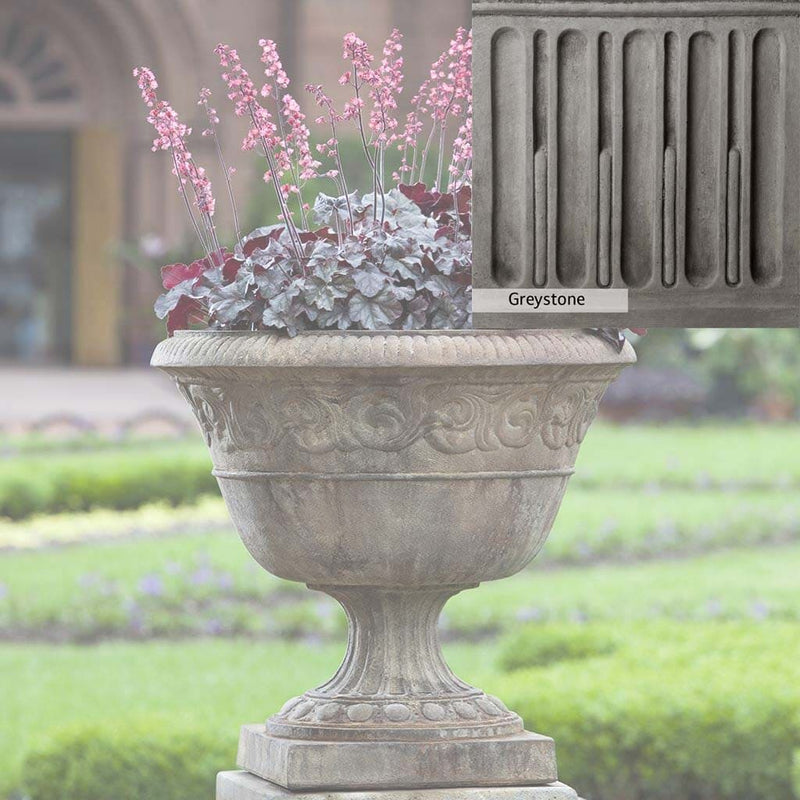 Greystone Patina for the Campania International Smithsonian Foliated Scroll Urn , a classic gray, soft, and muted, blends nicely in the garden.