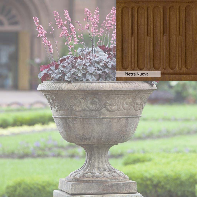 Pietra Nuova Patina for the Campania International Smithsonian Foliated Scroll Urn, a rich brown blended with black and orange.