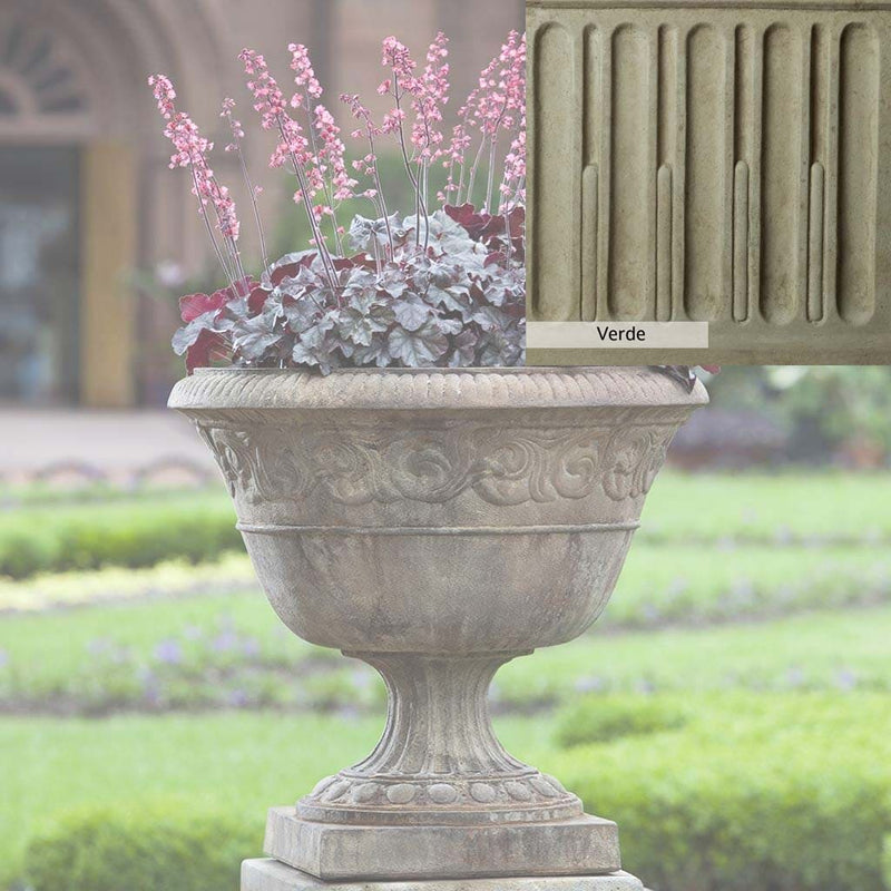 Verde Patina for the Campania International Smithsonian Foliated Scroll Urn, green and gray come together in a soft tone blended into a soft green.