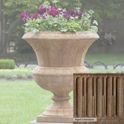 Aged Limestone Patina for the Campania International Smithsonian Flight of Fancy Urn, brown, orange, and green for an old stone look.