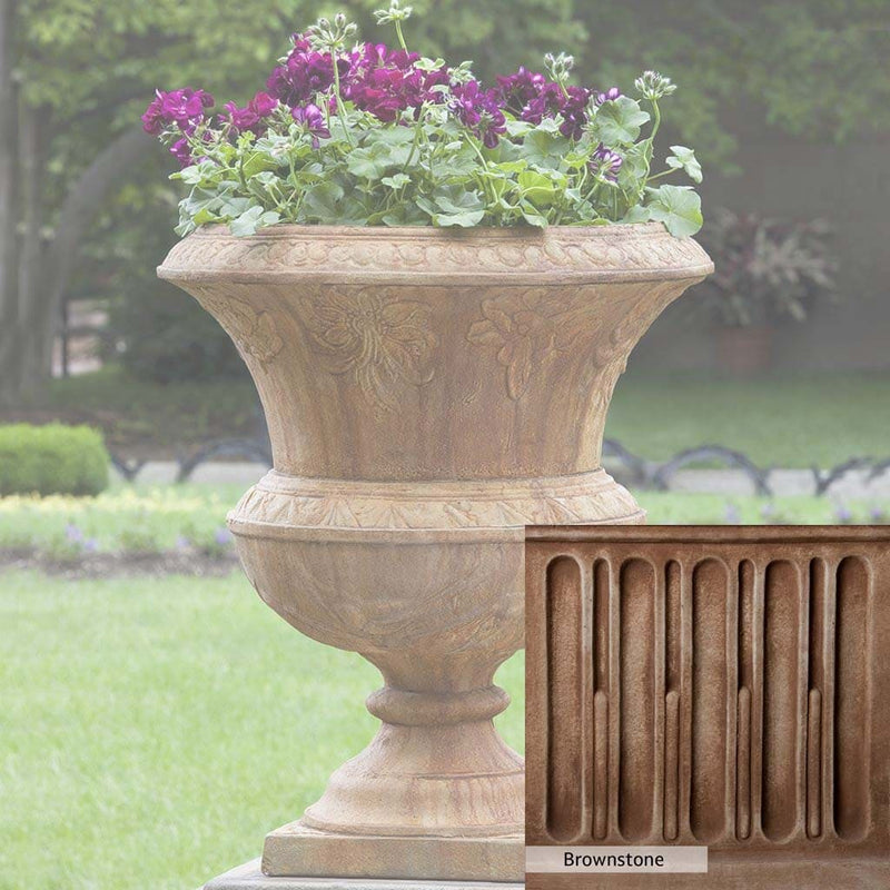 Brownstone Patina for the Campania International Smithsonian Flight of Fancy Urn, brown blended with hints of red and yellow, works well in the garden.
