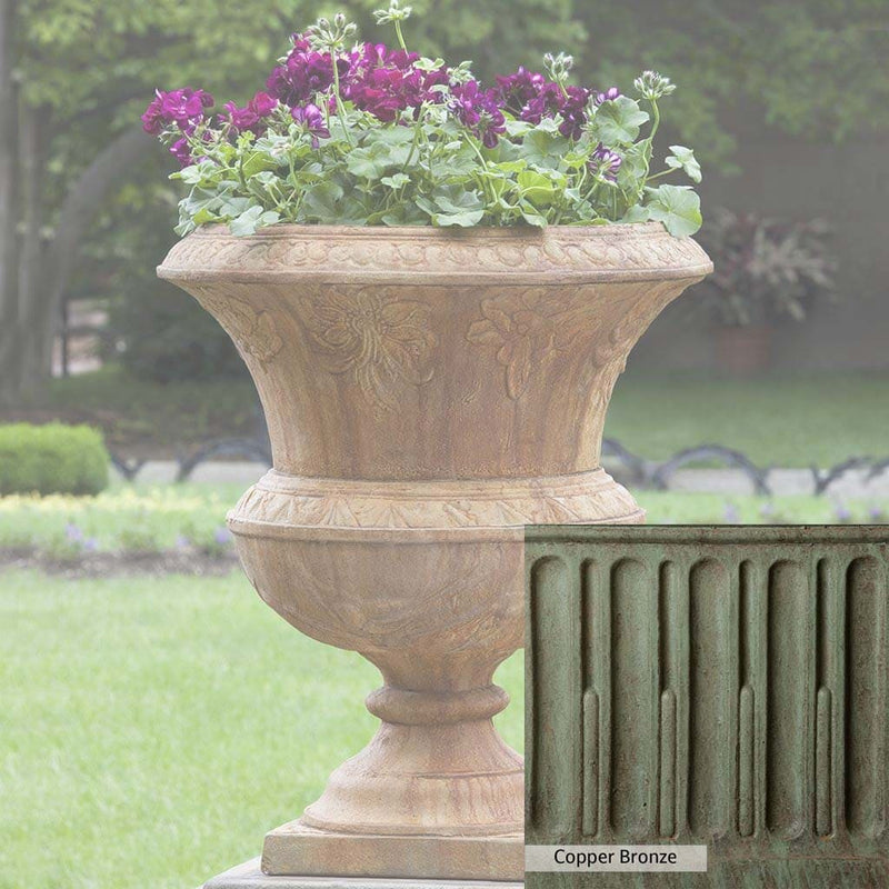 Copper Bronze Patina for theCampania International Smithsonian Flight of Fancy Urn, blues and greens blended into the look of aged copper.