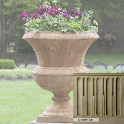 English Moss Patina for the Campania International Smithsonian Flight of Fancy Urn, green blended into a soft pallet with a light undertone of gray.
