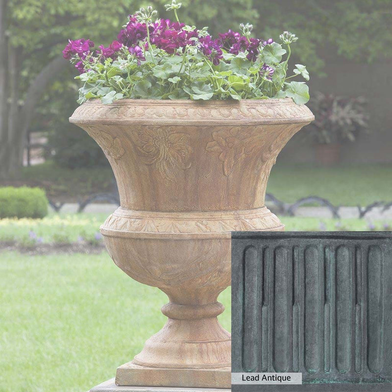 The Lead Antique Patina for the Campania International Smithsonian Flight of Fancy Urn, aged blue and grey layered to give the look of a classic antique lead patina.