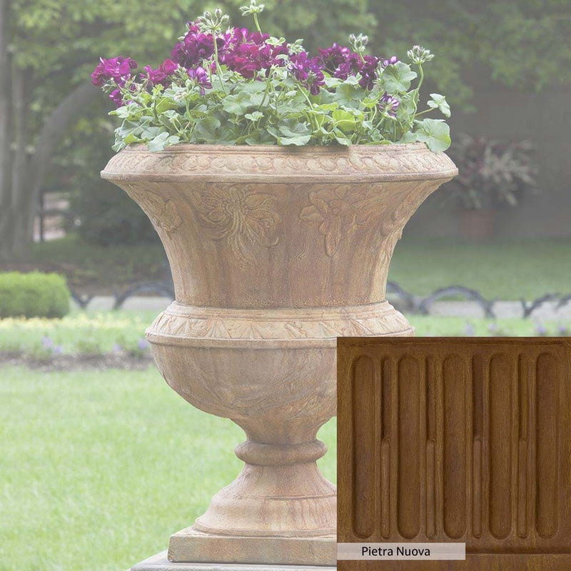Pietra Nuova Patina for the Campania International Smithsonian Flight of Fancy Urn, a rich brown blended with black and orange.