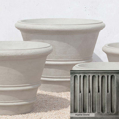 Alpine Stone Patina for the Campania International Classic Rolled Rim 35.5 inch Planter, a medium gray with a bit of green to define the details.