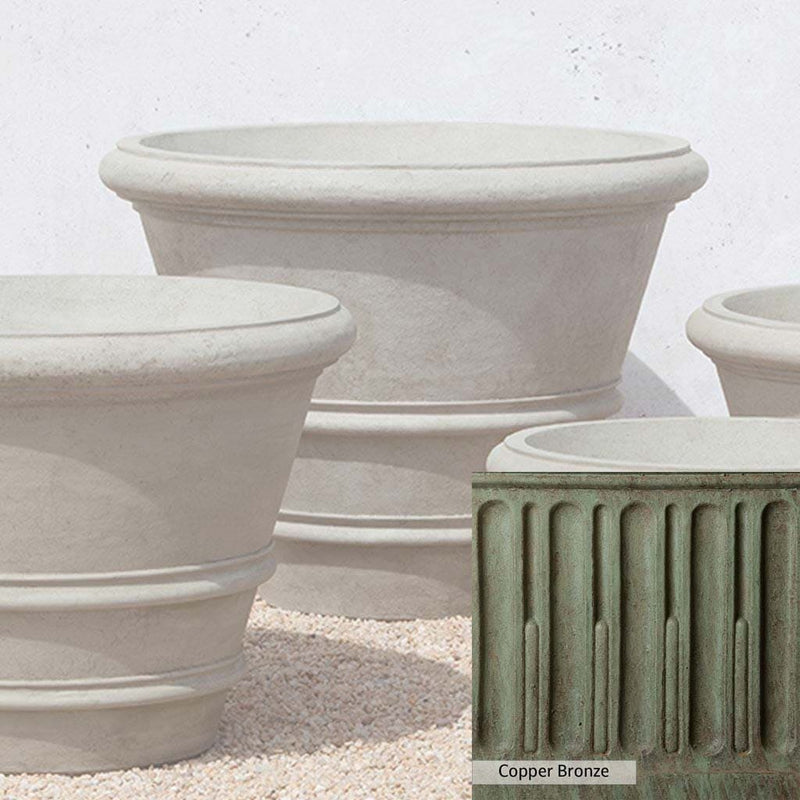 Copper Bronze Patina for theCampania International Classic Rolled Rim 35.5 inch Planter, blues and greens blended into the look of aged copper.