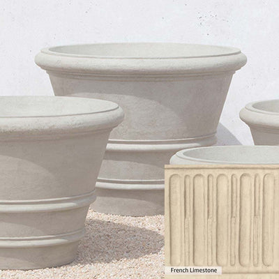 French Limestone Patina for the Campania International Classic Rolled Rim 35.5 inch Planter, old-world creamy white with ivory undertones.