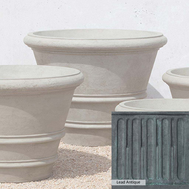 The Lead Antique Patina for the Campania International Classic Rolled Rim 35.5 inch Planter, aged blue and grey layered to give the look of a classic antique lead patina.