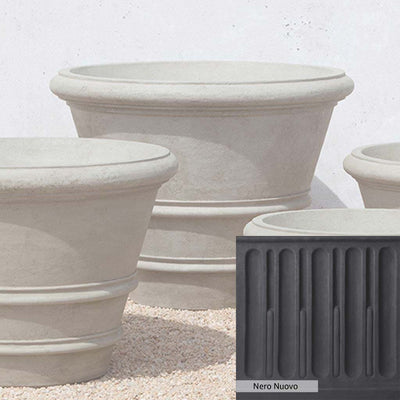 Nero Nuovo Patina for theCampania International Classic Rolled Rim 35.5 inch Planter, bold dramatic black patina for the garden.