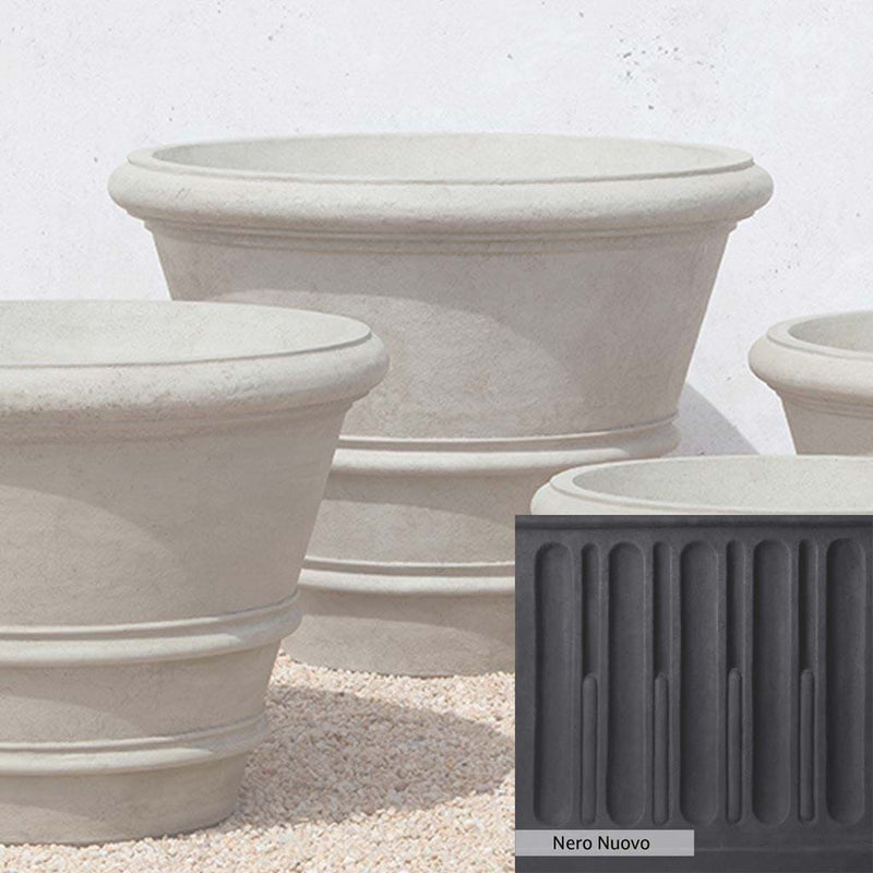 Nero Nuovo Patina for theCampania International Classic Rolled Rim 35.5 inch Planter, bold dramatic black patina for the garden.