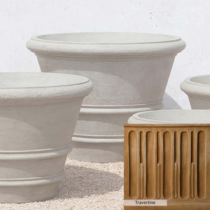 Travertine Patina for the Campania International Classic Rolled Rim 35.5 inch Planter, soft yellows, oranges, and brown for an old-word garden.