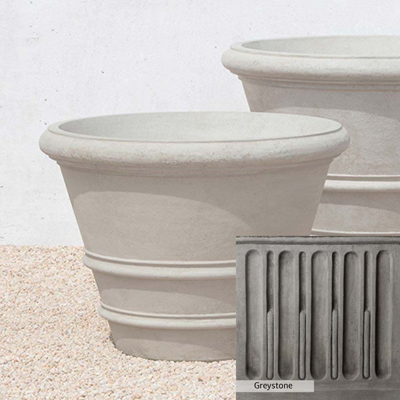 Greystone Patina for the Campania International Classic Rolled Rim 31.5 inch , a classic gray, soft, and muted, blends nicely in the garden.