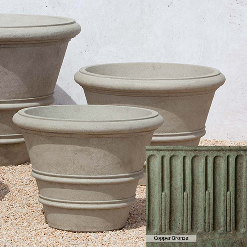 Copper Bronze Patina for theCampania International Classic Rolled Rim 27-inch Planter, blues and greens blended into the look of aged copper.