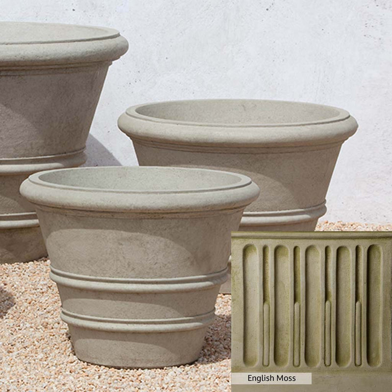 English Moss Patina for the Campania International Classic Rolled Rim 27-inch Planter, green blended into a soft pallet with a light undertone of gray.