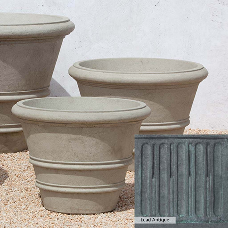 The Lead Antique Patina for the Campania International Classic Rolled Rim 27-inch Planter, aged blue and grey layered to give the look of a classic antique lead patina.