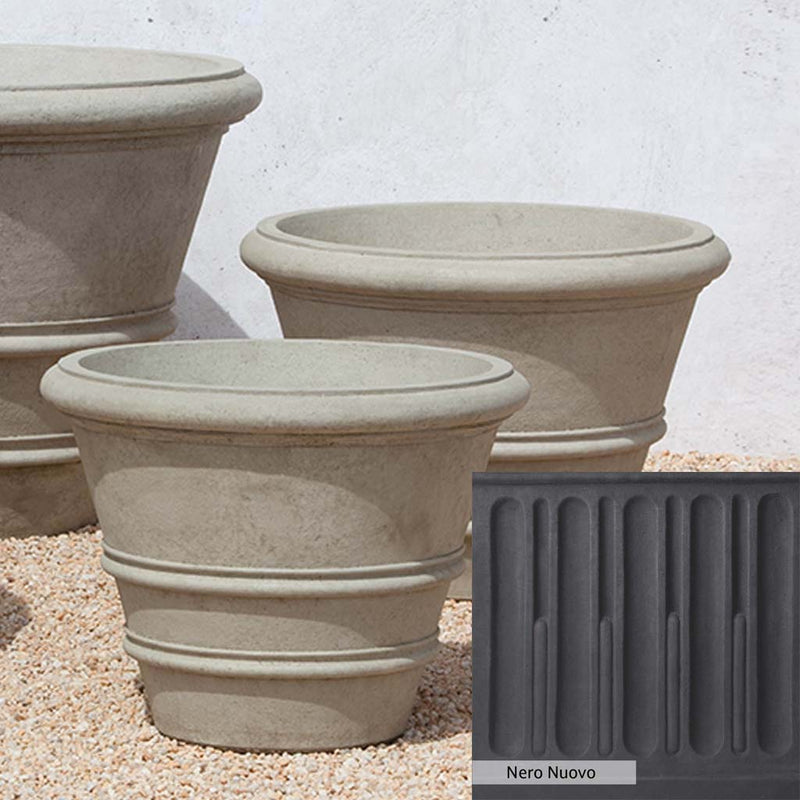 Nero Nuovo Patina for theCampania International Classic Rolled Rim 27-inch Planter, bold dramatic black patina for the garden.