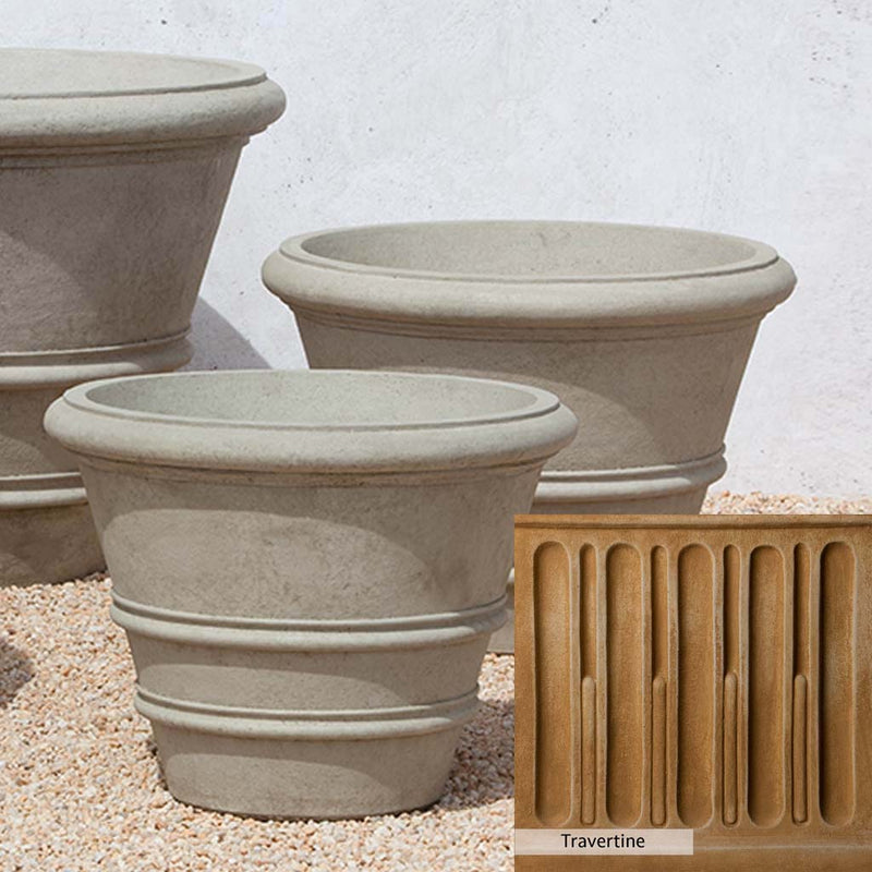 Travertine Patina for the Campania International Classic Rolled Rim 27-inch Planter, soft yellows, oranges, and brown for an old-word garden.