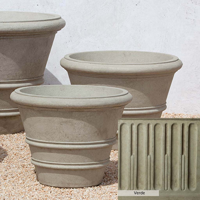 Verde Patina for the Campania International Classic Rolled Rim 27-inch Planter, green and gray come together in a soft tone blended into a soft green.