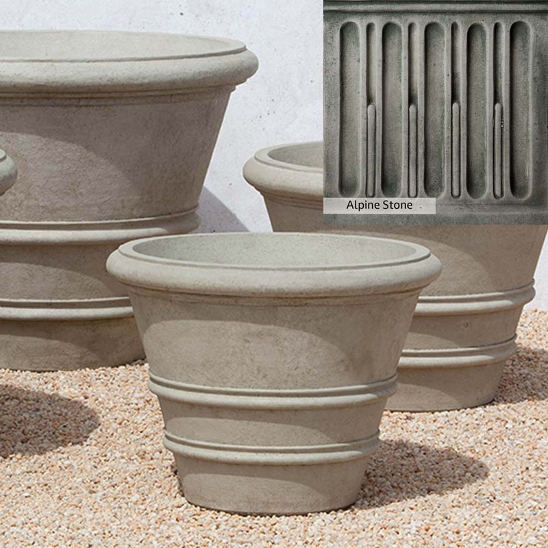 Alpine Stone Patina for the Campania International Classic Rolled Rim 24-inch Planter, a medium gray with a bit of green to define the details.