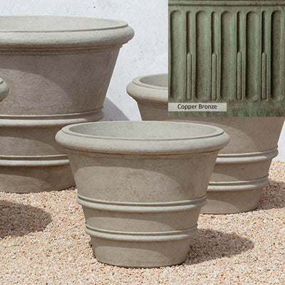 Copper Bronze Patina for theCampania International Classic Rolled Rim 24-inch Planter, blues and greens blended into the look of aged copper.