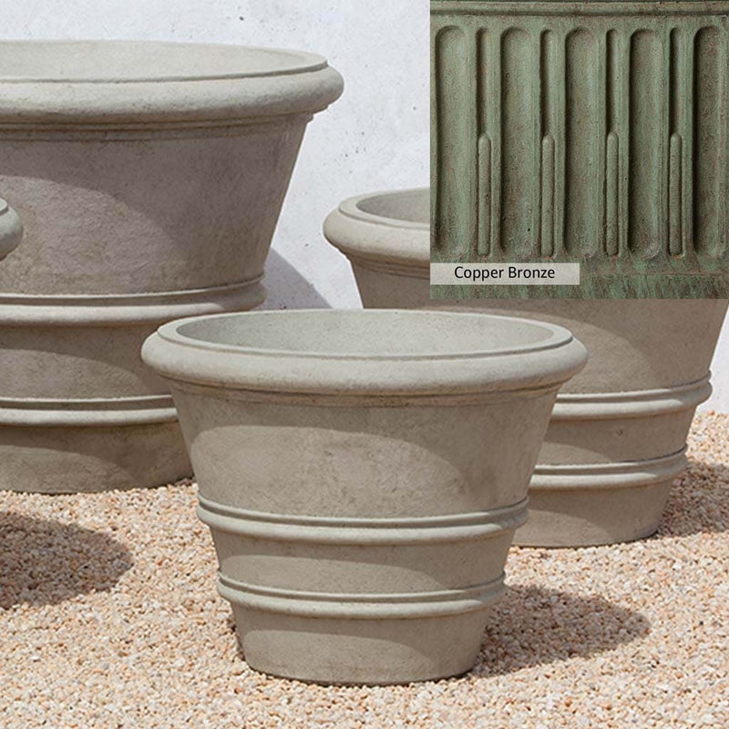 Copper Bronze Patina for theCampania International Classic Rolled Rim 24-inch Planter, blues and greens blended into the look of aged copper.