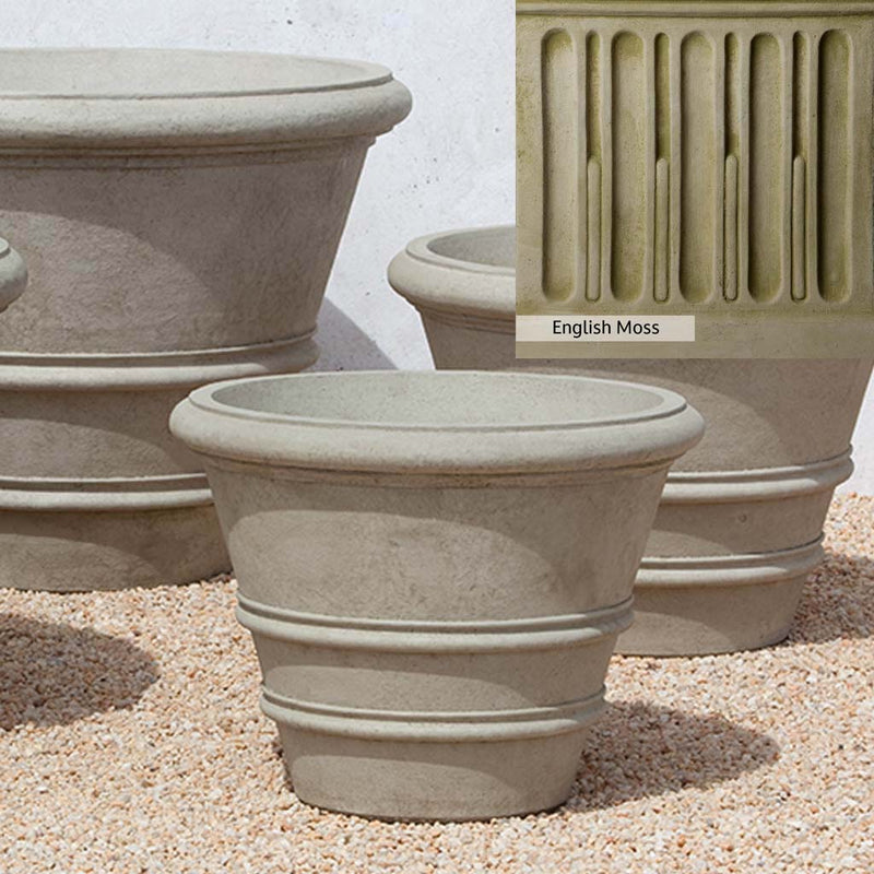 English Moss Patina for the Campania International Classic Rolled Rim 24-inch Planter, green blended into a soft pallet with a light undertone of gray.