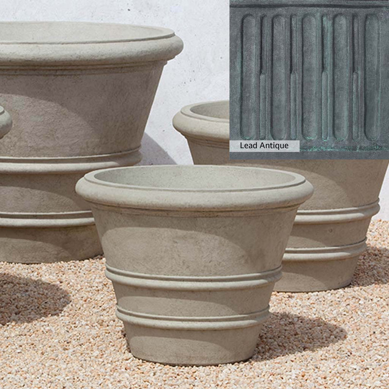 The Lead Antique Patina for the Campania International Classic Rolled Rim 24-inch Planter, aged blue and grey layered to give the look of a classic antique lead patina.