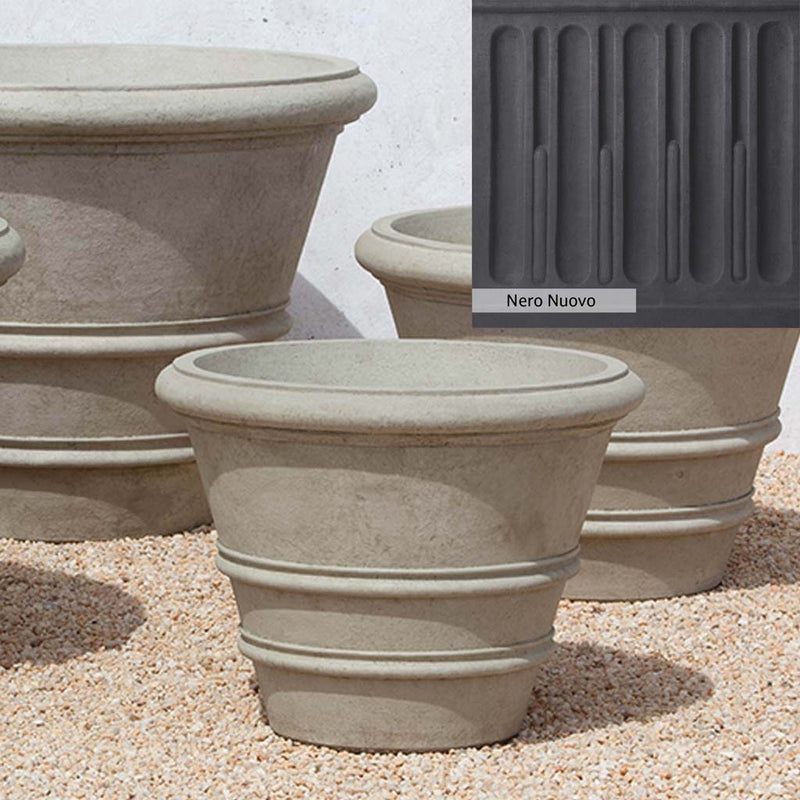 Nero Nuovo Patina for theCampania International Classic Rolled Rim 24-inch Planter, bold dramatic black patina for the garden.