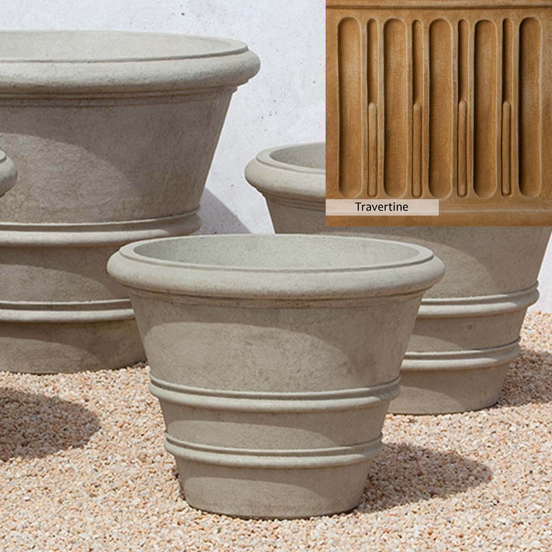Travertine Patina for the Campania International Classic Rolled Rim 24-inch Planter, soft yellows, oranges, and brown for an old-word garden.