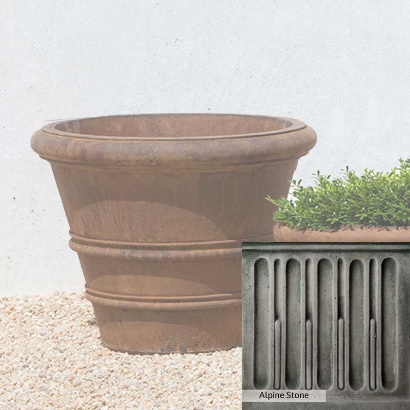 Alpine Stone Patina for the Campania International Classic Rolled Rim 20.75-inch Planter, a medium gray with a bit of green to define the details.