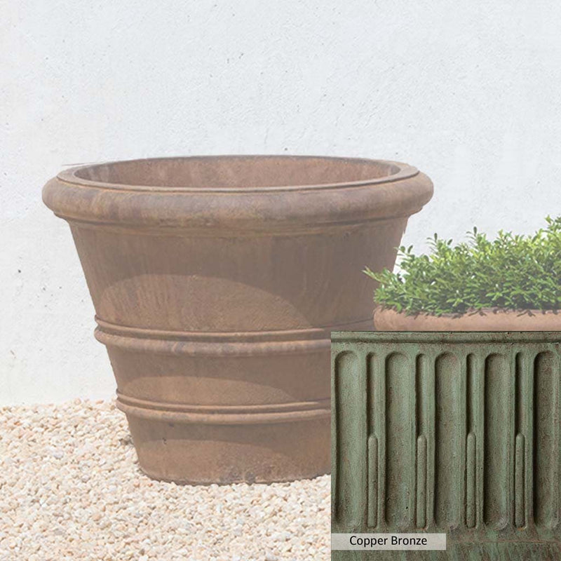 Copper Bronze Patina for theCampania International Classic Rolled Rim 20.75-inch Planter, blues and greens blended into the look of aged copper.