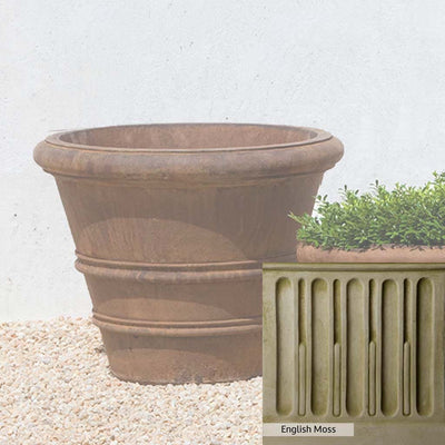 English Moss Patina for the Campania International Classic Rolled Rim 20.75-inch Planter, green blended into a soft pallet with a light undertone of gray.
