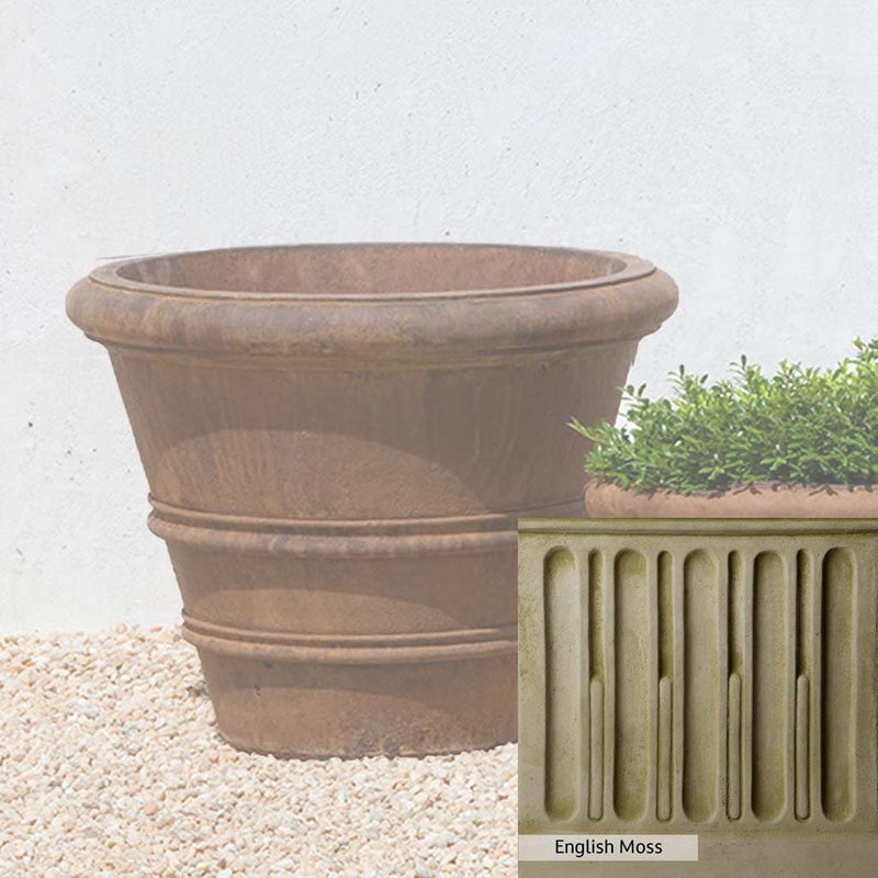 English Moss Patina for the Campania International Classic Rolled Rim 20.75-inch Planter, green blended into a soft pallet with a light undertone of gray.