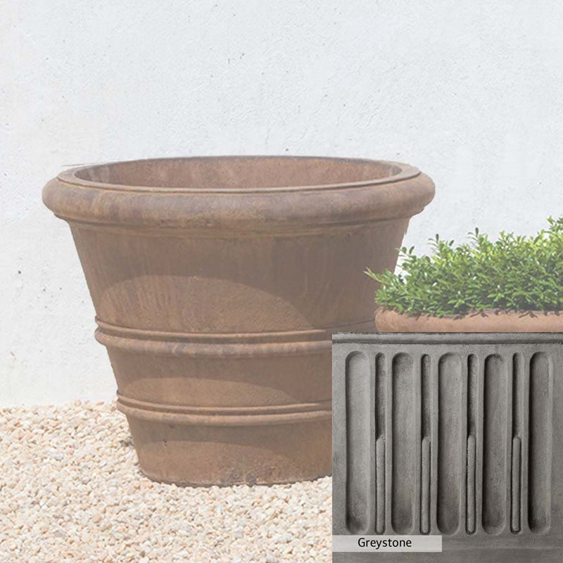 Greystone Patina for the Campania International Classic Rolled Rim 20.75-inch Planter , a classic gray, soft, and muted, blends nicely in the garden.
