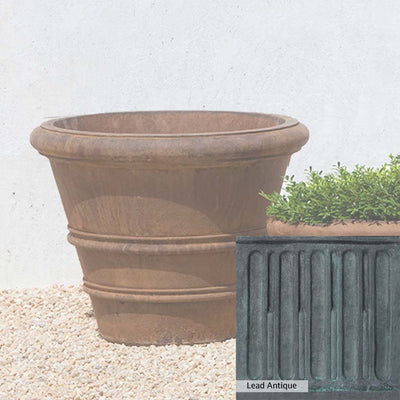 The Lead Antique Patina for the Campania International Classic Rolled Rim 20.75-inch Planter, aged blue and grey layered to give the look of a classic antique lead patina.