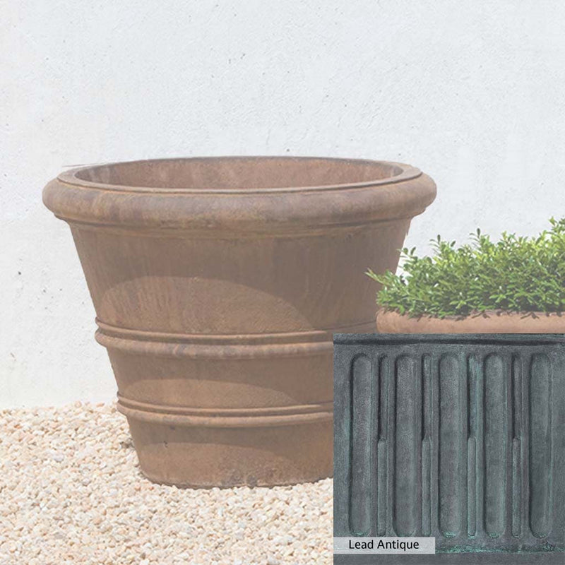 The Lead Antique Patina for the Campania International Classic Rolled Rim 20.75-inch Planter, aged blue and grey layered to give the look of a classic antique lead patina.