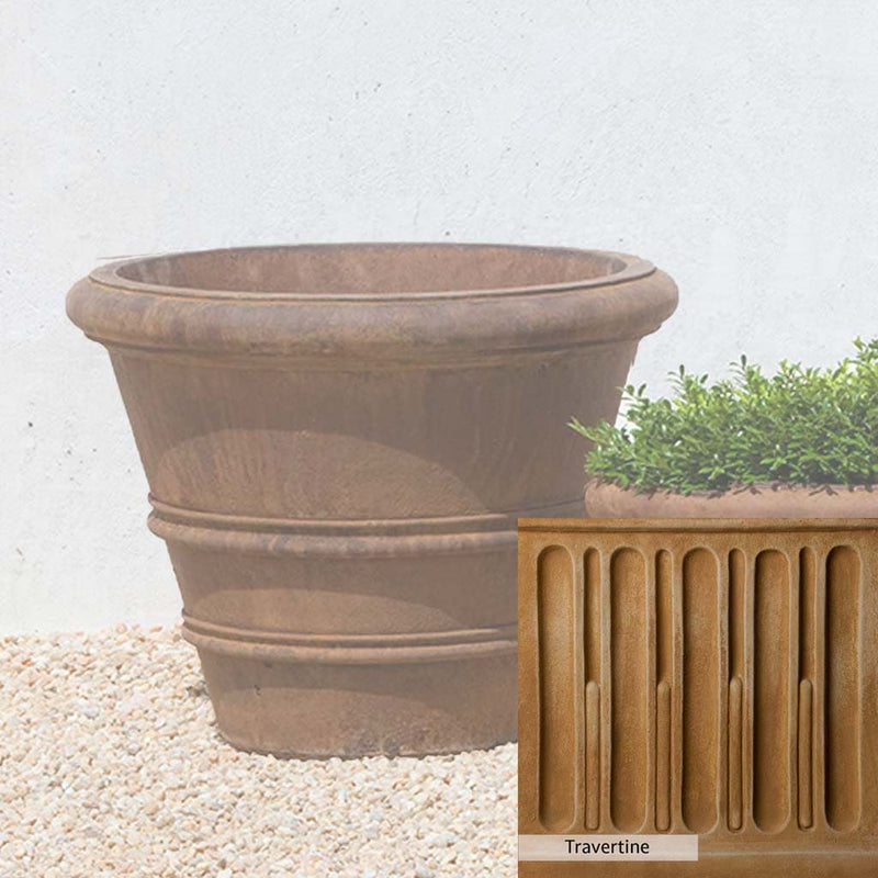 Travertine Patina for the Campania International Classic Rolled Rim 20.75-inch Planter, soft yellows, oranges, and brown for an old-word garden.