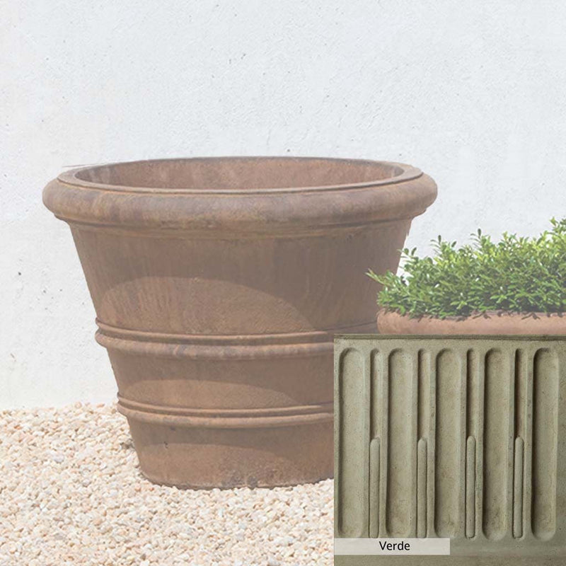 Verde Patina for the Campania International Classic Rolled Rim 20.75-inch Planter, green and gray come together in a soft tone blended into a soft green.