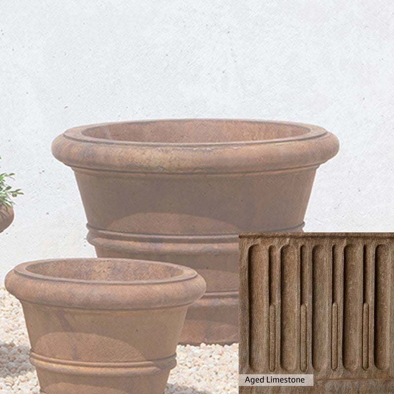 Aged Limestone Patina for the Campania International Classic Rolled Rim 18.25-inch Planter, brown, orange, and green for an old stone look.
