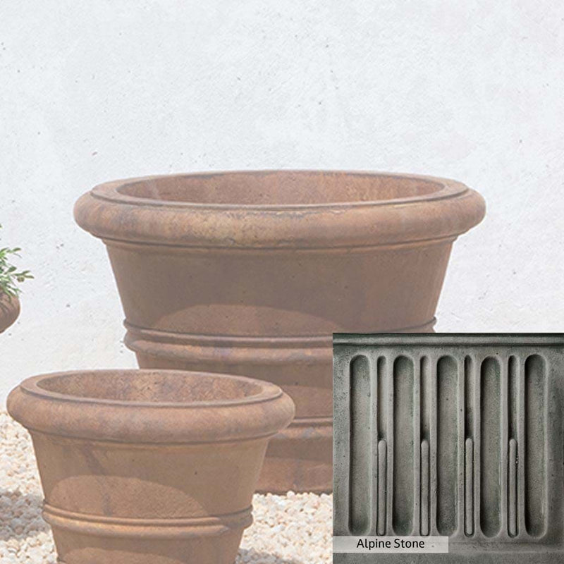 Alpine Stone Patina for the Campania International Classic Rolled Rim 18.25-inch Planter, a medium gray with a bit of green to define the details.