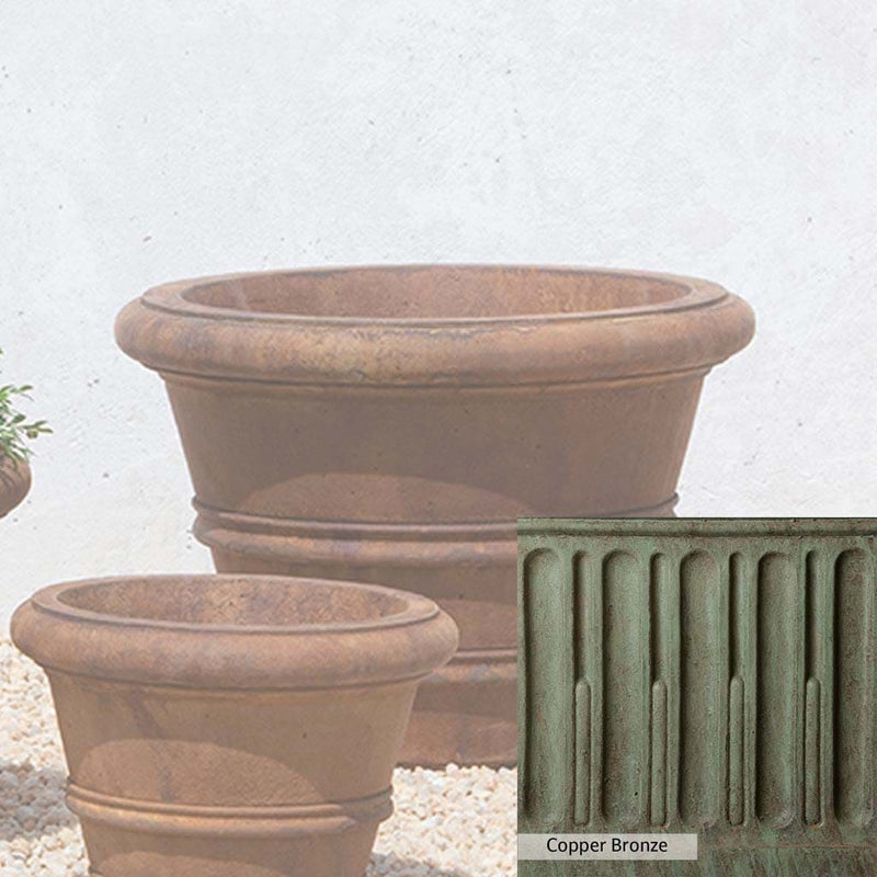 Copper Bronze Patina for theCampania International Classic Rolled Rim 18.25-inch Planter, blues and greens blended into the look of aged copper.