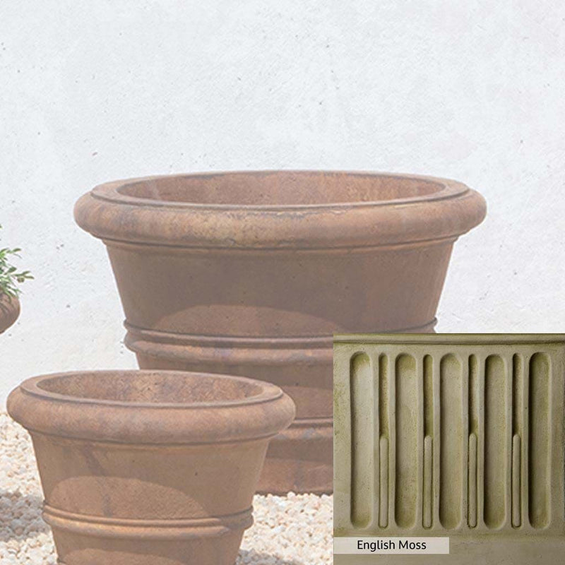 English Moss Patina for the Campania International Classic Rolled Rim 18.25-inch Planter, green blended into a soft pallet with a light undertone of gray.