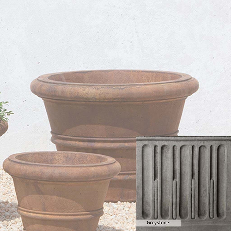 Greystone Patina for the Campania International Classic Rolled Rim 18.25-inch Planter , a classic gray, soft, and muted, blends nicely in the garden.