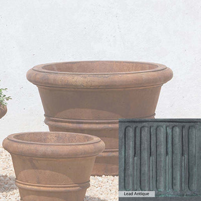The Lead Antique Patina for the Campania International Classic Rolled Rim 18.25-inch Planter, aged blue and grey layered to give the look of a classic antique lead patina.